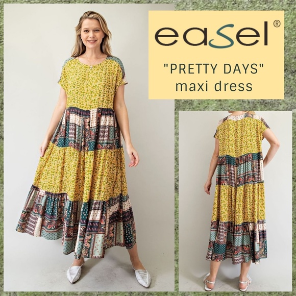 easel Dresses & Skirts - EASEL "Pretty Days" Cottagecore Mix Print Free Flow & Relaxed Pleated Maxi Dress